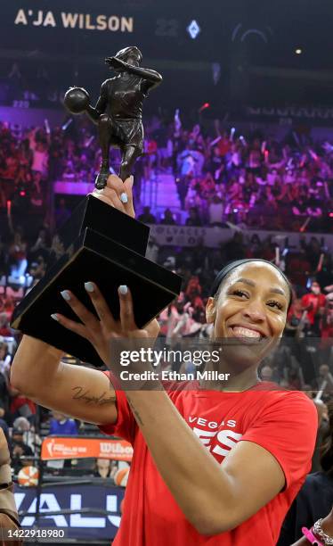 Ja Wilson of the Las Vegas Aces receives the WNBA MVP award before Game One of the 2022 WNBA Playoffs finals against the Connecticut Sun at Michelob...