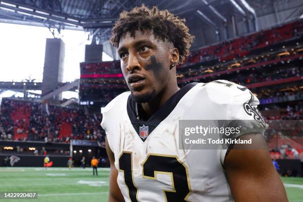 Michael Thomas of the New Orleans Saints reacts after defeating the Atlanta Falcons 27-26 at Mercedes-Benz Stadium on September 11, 2022 in Atlanta,...