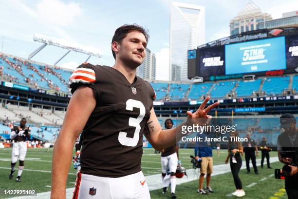Cade York of the Cleveland Browns leaves the field after making a 58-yard go-ahead field goal during the fourth quarter against the Carolina Panthers...