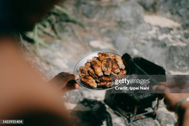 bbq chicken wings at campsite - bbq chicken wings stock pictures, royalty-free photos & images