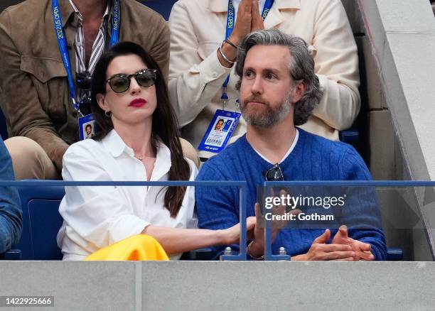 Anne Hathaway and Adam Shulman attend the 2022 US Open Championship match at USTA Billie Jean King National Tennis Center on September 11, 2022 in...