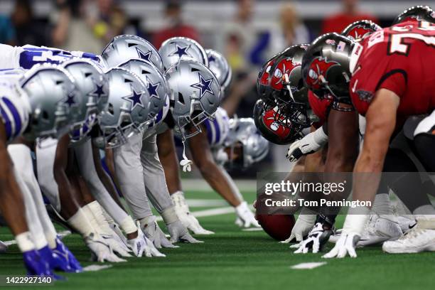 The Dallas Cowboys and the Tampa Bay Buccaneers line up against each other during the first half at AT&T Stadium on September 11, 2022 in Arlington,...