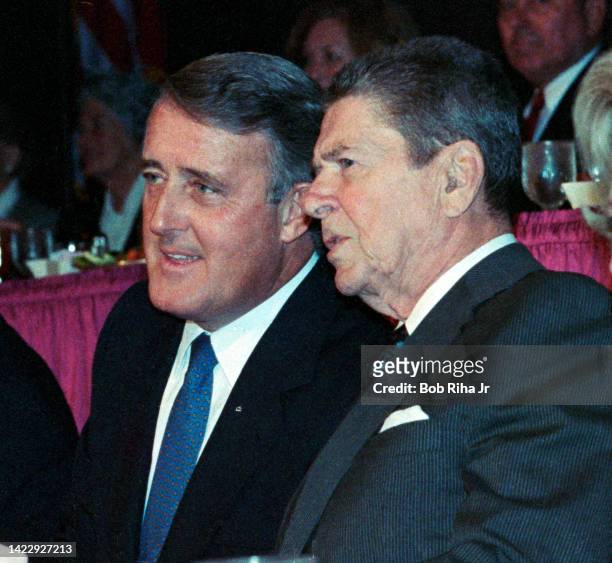 President Ronald Reagan and Canadian Prime Minister Brian Mulroney at Los Angeles World Affairs Council event, October 12, 1989 in Los Angeles,...