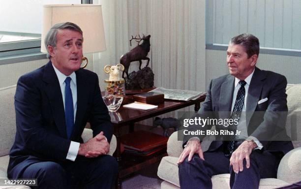President Ronald Reagan and Canadian Prime Minister Brian Mulroney inside the President's Office in Century City section of Los Angeles, October 12,...