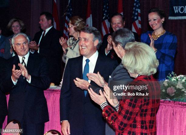 President Ronald Reagan and Canadian Prime Minister Brian Mulroney at Los Angeles World Affairs Council event, October 12, 1989 in Los Angeles,...