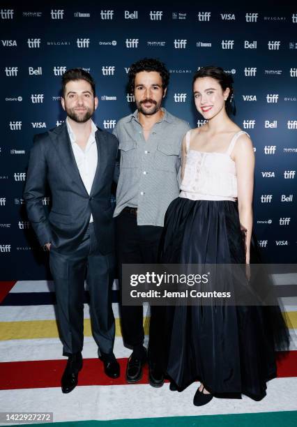 Zachary Wigon, Christopher Abbott and Margaret Qualley attend the "Sanctuary" Premiere during the 2022 Toronto International Film Festival at Royal...