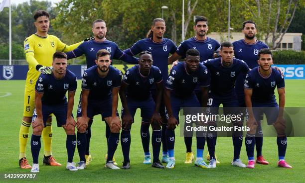 Belenenses SAD players pose for a team photo before the start of the Liga Portugal 2 match between Belenenses SAD and CD Feirense at Estadio Nacional...