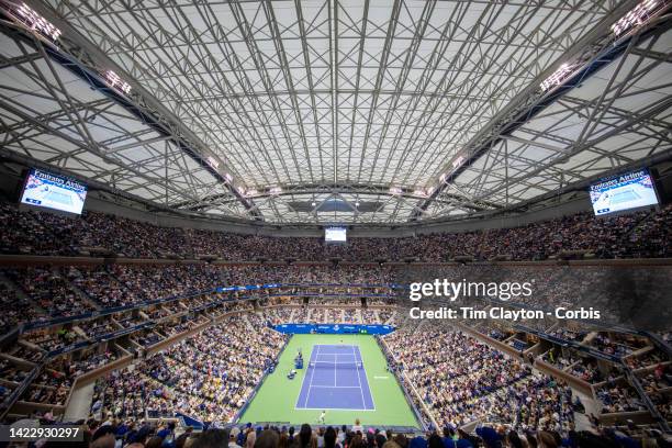 September 11: A general view of Carlos Alcaraz of Spain in action against Casper Ruud of Norway in the Men's Singles Final match on Arthur Ashe...