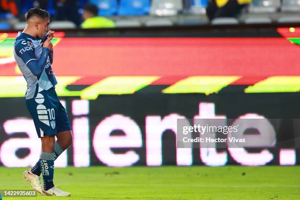 Erick Sanchez of Pachuca celebrates after scoring his team's third goal during the 14th round match between Pachuca and Tijuana as part of the Torneo...