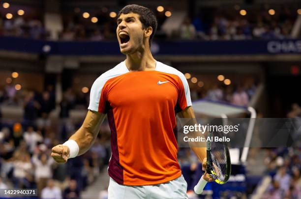 Carlos Alcaraz of Spain celebrates winning the third set tiebreak against Casper Ruud of Norway during their Men’s Singles Final match on Day...