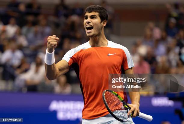 Carlos Alcaraz of Spain celebrates a point against Casper Ruud of Norway during their Men’s Singles Final match on Day Fourteen of the 2022 US Open...