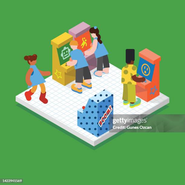 stockillustraties, clipart, cartoons en iconen met isometric arcade machines with people playing games - video game place - fun times after work - video arcade