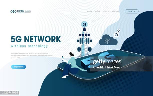 ilustrações, clipart, desenhos animados e ícones de design futurista da página da rede móvel 5g - antena equipamento de telecomunicações