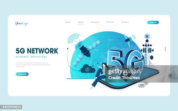 5g network wireless technology vector illustration. isometric smartphone with big letters 5g - satellite network stock illustrations