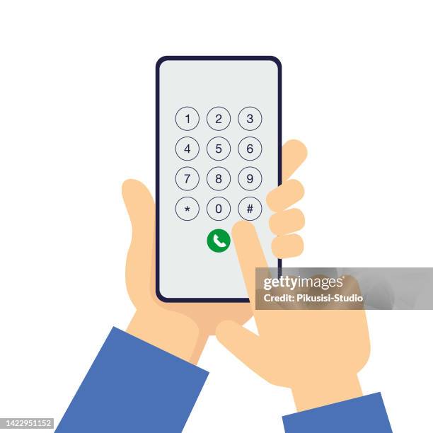 hand with smartphone dialing number. make a call on mobile phone. - phone number stock illustrations