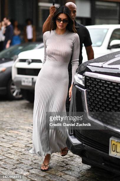 Kendall Jenner is seen wearing a Khaite dress outside the Khaite show during New York Fashion Week S/S 2023 on September 11, 2022 in New York City.