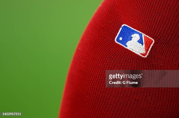 The MLB logo on a Boston Red Sox uniform during the game against the Baltimore Orioles at Oriole Park at Camden Yards on September 09, 2022 in...