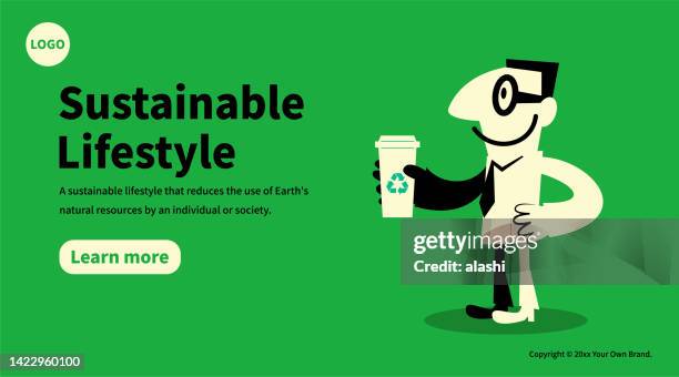 go green, eco-consumerism, green consumerism, a customer holding a cup that has a recycling symbol - plastic cup stock illustrations