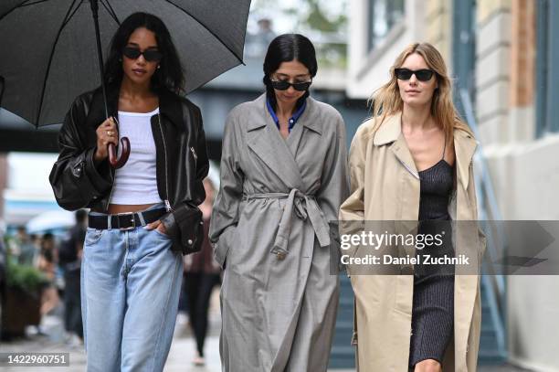 Laura Harrier is seen outside the Khaite show during New York Fashion Week S/S 2023 on September 11, 2022 in New York City.