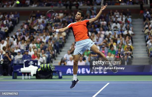 Carlos Alcaraz of Spain plays a backhand volley against Casper Ruud of Norway during their Men’s Singles Final match on Day Fourteen of the 2022 US...