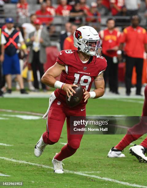 Trace McSorley of the Arizona Cardinals looks to throw the ball against the Kansas City Chiefs at State Farm Stadium on September 11, 2022 in...