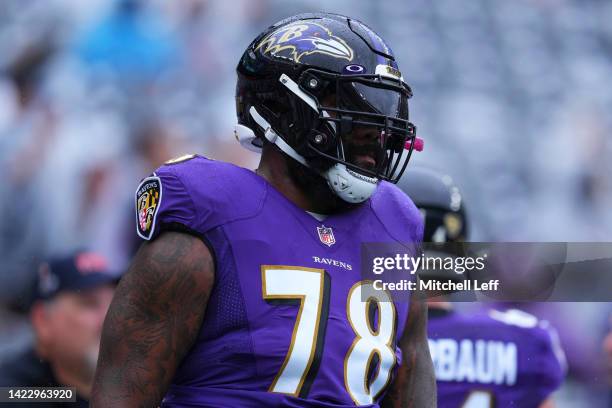 Morgan Moses of the Baltimore Ravens looks on prior to the game against the New York Jets at MetLife Stadium on September 11, 2022 in East...