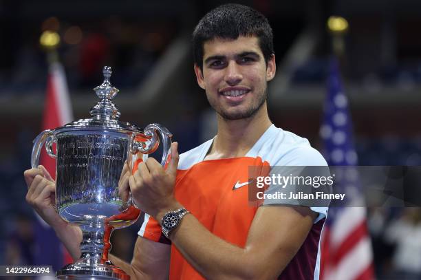 Carlos Alcaraz of Spain celebrates with the winners trophy after defeating Casper Ruud of Norway during their Men’s Singles Final match on Day...