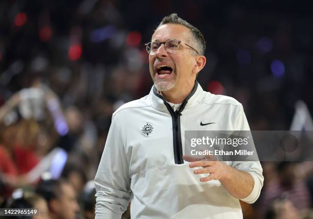 Head coach Curt Miller of the Connecticut Sun yells to his bench in the first quarter of Game One of the 2022 WNBA Playoffs finals against the Las...