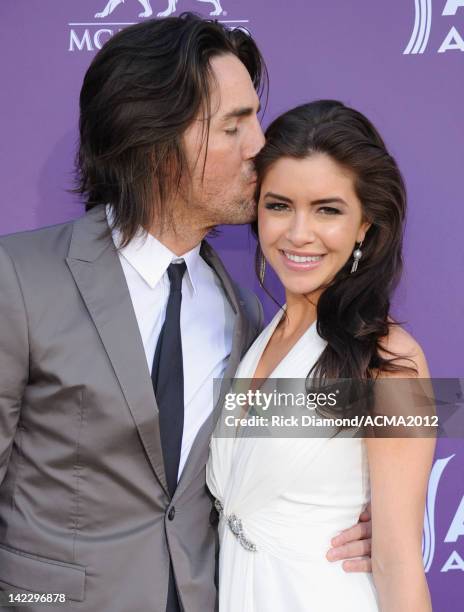 Musician Jake Owen and Lacey Buchanan arrive at the 47th Annual Academy Of Country Music Awards held at the MGM Grand Garden Arena on April 1, 2012...