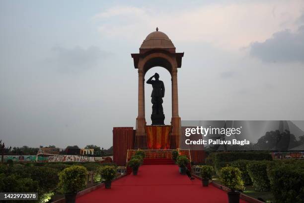 The new statue of Netaji Subhash Chandra Bose at the India Gate on September 10, 2022 in New Delhi, India. A black granite statue of Netaji Subhash...