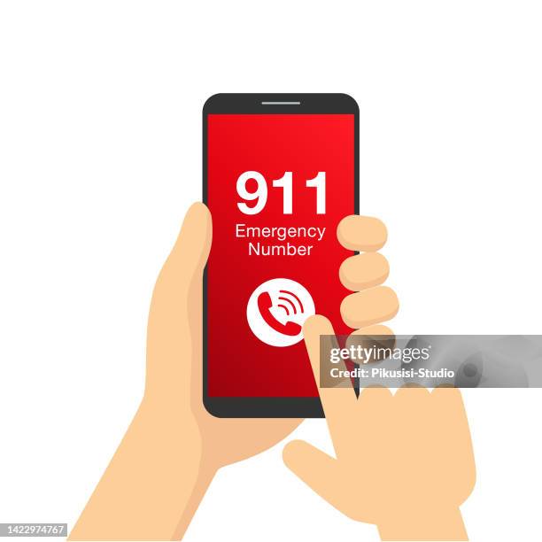 hand mit smartphone anruf 911 notrufnummer hotline - telefonnummer wählen stock-grafiken, -clipart, -cartoons und -symbole