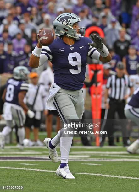 Quarterback Adrian Martinez of the Kansas State Wildcats throws a pass against the Missouri Tigers during the second half at Bill Snyder Family...
