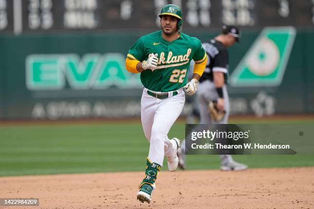 Ramon Laureano of the Oakland Athletics trots around the bases after hitting a two-run home run against the Chicago White Sox in the bottom of the...