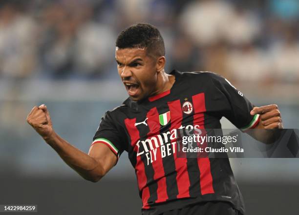 Junior Walter Messias of AC Milan celebrates after scoring the opening goal during the Serie A match between UC Sampdoria and AC MIlan at Stadio...