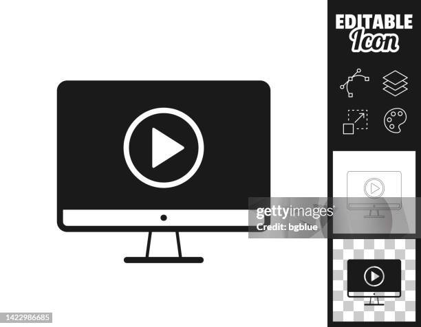 desktop computer with play button. icon for design. easily editable - play button transparent background stock illustrations