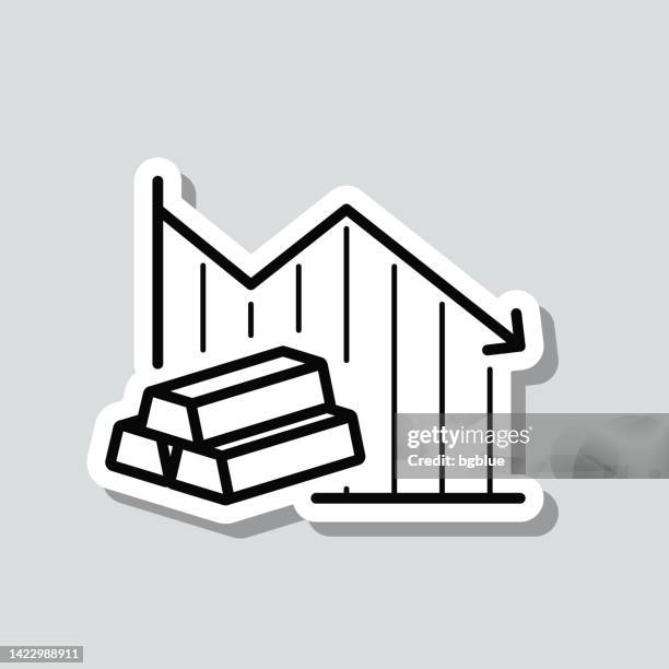 declining graph with gold bars. icon sticker on gray background - falling bricks stock illustrations