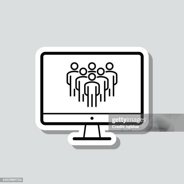 social media on desktop computer. icon sticker on gray background - crowd source stock illustrations