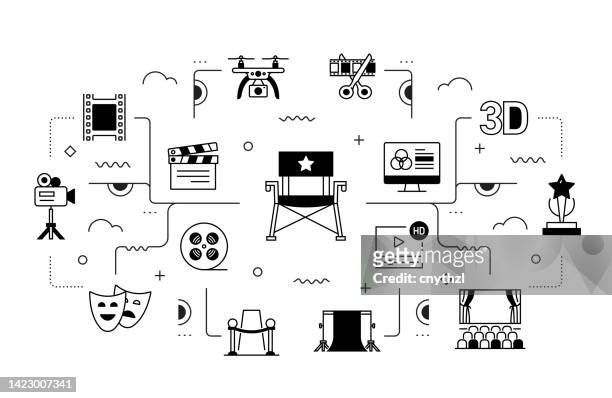 cinema and movie related vector banner design concept, modern line style with icons - producer icon stock illustrations