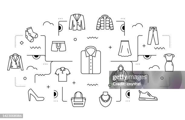 clothes and accessories related vector banner design concept, modern line style with icons - 恤衫 幅插畫檔、美工圖案、卡通及圖標