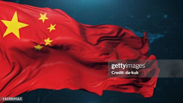 bandera de china sobre fondo azul oscuro - porcelana china fotografías e imágenes de stock