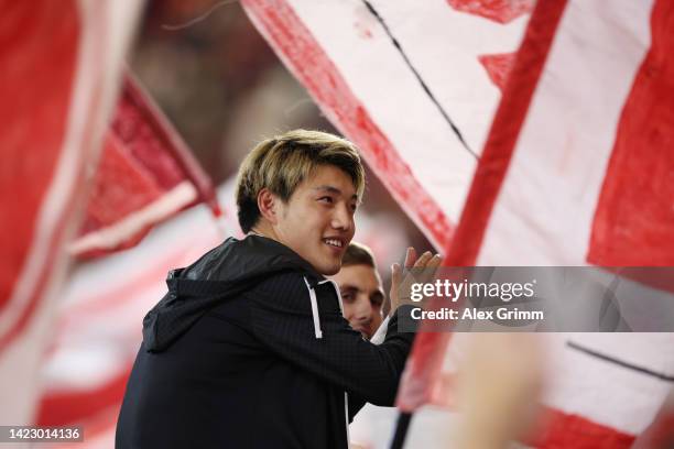 Ritsu Doan of Freiburg celebrates with the fans after the UEFA Europa League group G match between Sport-Club Freiburg and Qarabag FK at Europa-Park...