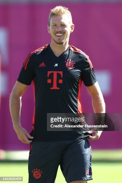 Julian Nagelsmann, head coach of FC Bayern München looks on during a training session at Saebener Strasse training ground ahead of their UEFA...