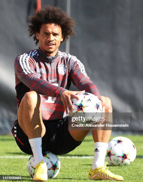 Leroy Sane of FC Bayern München looks on during a training session at Saebener Strasse training ground ahead of their UEFA Champions League group C...
