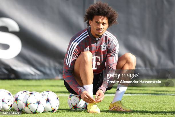 Leroy Sane of FC Bayern München looks on during a training session at Saebener Strasse training ground ahead of their UEFA Champions League group C...
