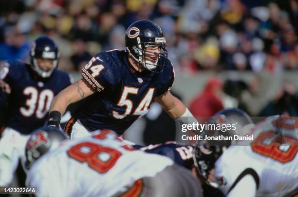 Brian Urlacher, Linebacker for the Chicago Bears looks over to the Tampa Bay Buccaneers defensive line and prepares for the snap of the football at...