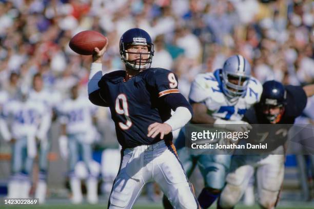 Jim McMahon, Quarterback for the Chicago Bears throws the football during the National Football Conference Central game against the Dallas Cowboys on...