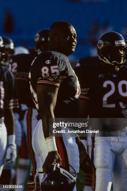 Keith Jennings, Tight End for the Chicago Bears looks on from the sideline during the National Football Conference pre season game against the...