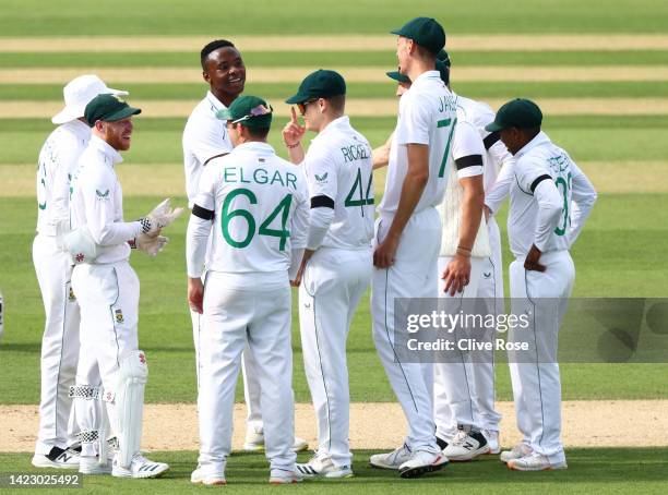 South Africa bowler Kagiso Rabada celebrates with team mates after taking the wicket of England batsman Alex Lees during day five of the Third LV=...