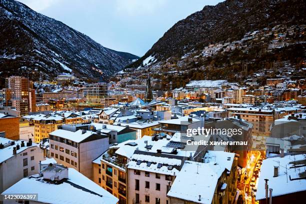 andorra la vella city center at winter - andorra winter stock pictures, royalty-free photos & images