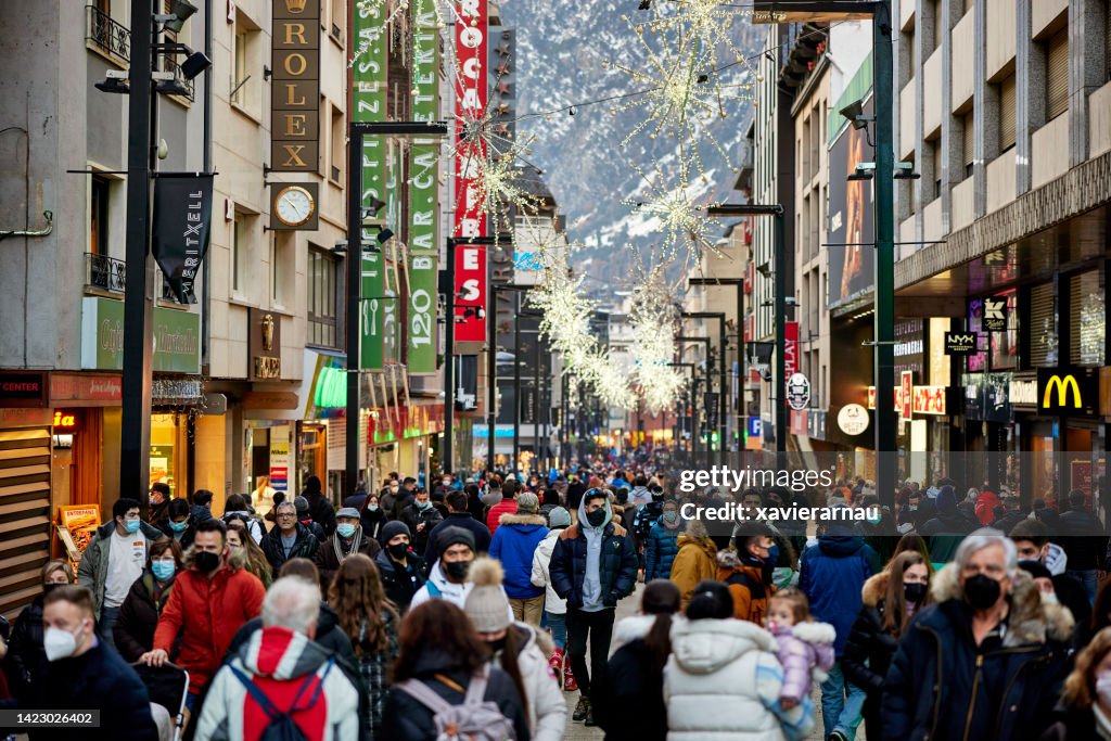 Commercial street in Andorra la Vella at Christmas